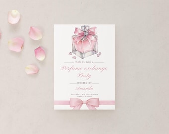 perfume exchange invitation, Pink Roses & Ribbon, Printable Party Invitation, Designer Invitation Template Design, Luxury High End Perfume