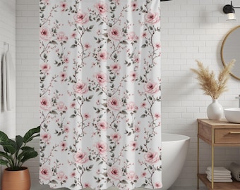 Pink Roses Shower Curtain, Shabby Chic Girly Bathroom Decor, Coquette Rose Floral Shower Curtain, Vintage Botanical Bathroom Decor