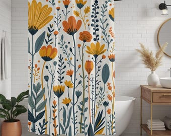 Boho Floral Shower Curtain, Autumn Wildflower Bathroom Decor, Cottagecore Bathroom, 74x71, Vintage Botanical Print Curtain
