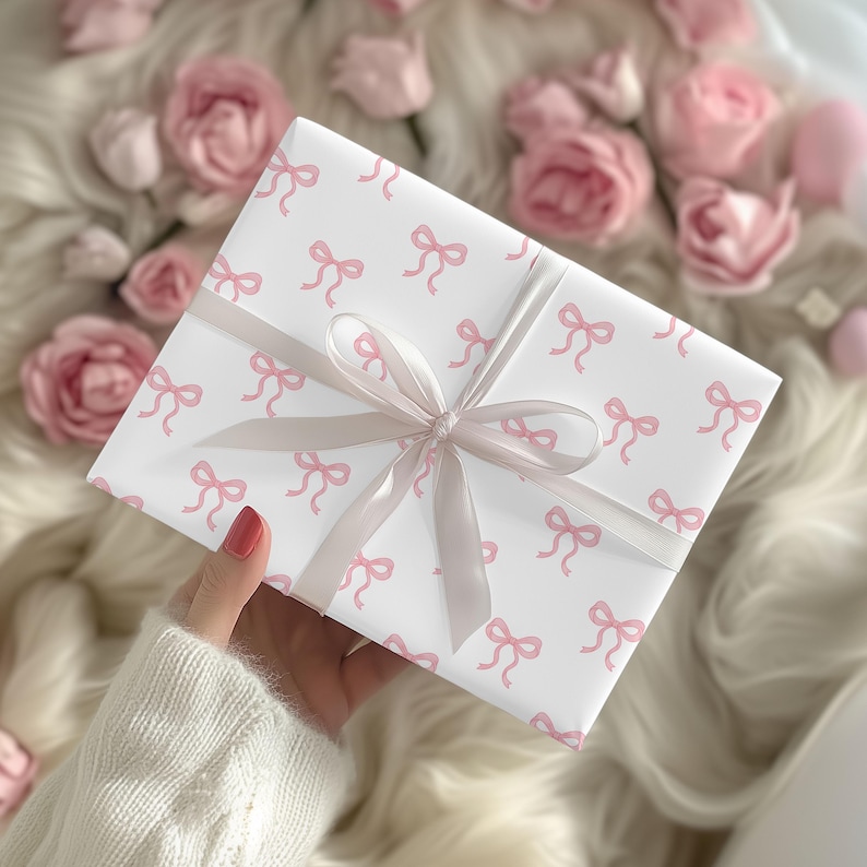 Coquette Pink Bow Wrapping Paper Roll,Aesthetic Gift Wrap for Birthday Baby Shower Bridal,Balletcore Bow Gift Wrapping Paper, Girly Pink Bow image 1