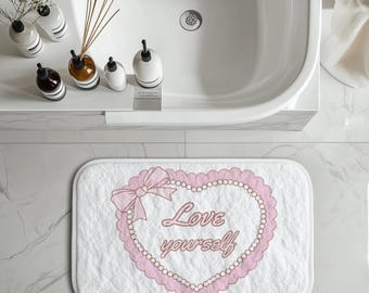 Cute Kawaii/Coquette Bathroom Rug, Romantic Self-Love Decor, Love Yourself Bath Mat, Pink Heart Bath Rug, Self-Care Decor,
