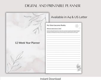 12 Week Year Planner Printable, Goal Setting & Productivity PDF, A4, US Letter, Weekly Habit Tracker, Undated Life Vision Journal