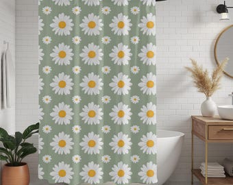 Boho Daisy Floral Shower Curtain Daisy Pattern Shower Curtain White Daisies on Sage Green