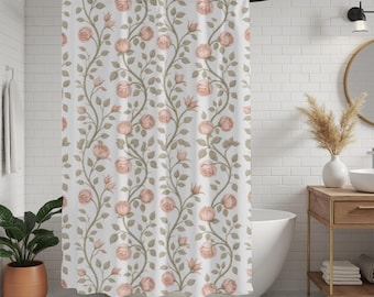 Vintage Rose Floral Shower Curtain, Cottagecore Botanical Bathroom Decor, Blush Pink and Sage Green, 71x74 Polyester