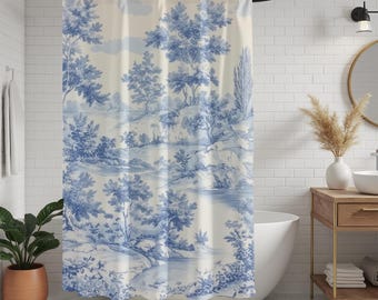 Blue toile shower curtain, French Country Bathroom Decor, Vintage Pastoral Landscape, Cottagecore Bath Curtain, Toile Style, Cottagecore
