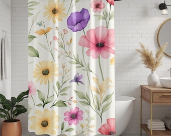 Floral Shower Curtain, Bathroom Decor, Flower Print, Home Accessories, Colorful Wildflower Bathroom, Cottagecore, Watercolor Flower Curtain
