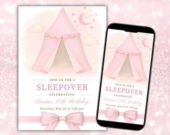 10th birthday invitation cards sleepover, Editable Sleepover Invitation for Girl's Birthday, Editable Birthday Invite Template,glitter party