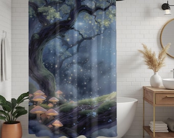 Enchanted Forest Shower Curtain, Firefly, Fairy Garden, Fairycore Bathroom Decor, Cottagecore Woodland Aesthetic, 71x74