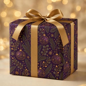 Purple and Gold Christmas Ornament Wrapping Paper, Elegant Plum Bauble Gift Wrap Roll