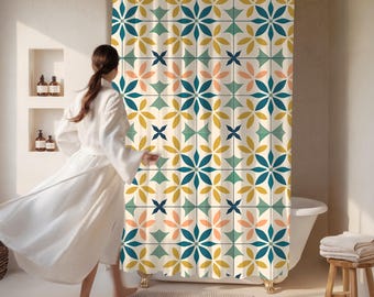 Mid-Century Modern Shower Curtain, Retro geometrical shower curtain, Boho Floral Shower Curtain, Gift for Housewarming, Bathroom Makeover