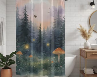 Enchanted Forest Shower Curtain, Cottagecore Mushroom Bathroom Decor, Whimsical Woodland Fairytale Style,71x74 Polyester