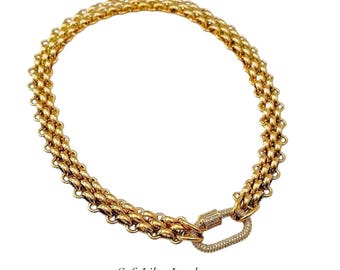 Three Layer weaving chunky chain zircon clasp necklace 18 k gold plated