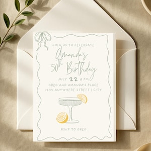 Sjabloon voor verjaardagsuitnodiging voor volwassenen, sjabloon voor cocktailparty, uitnodiging voor cocktailparty met citroenen, handgetekende afdrukbare digitale download verjaardagskaart