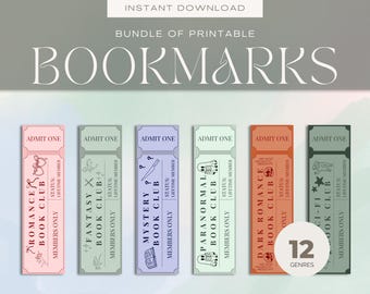 May include: A bundle of printable bookmarks with a ticket design. Each bookmark features a different genre, including Romance, Fantasy, Mystery, Paranormal, Dark Romance, and Sci-Fi. The text "ADMIT ONE" is at the top of each bookmark.