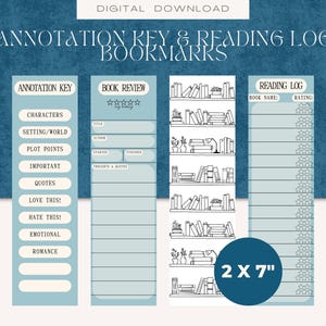 Printable Reading Bookmarks: Annotation Key, Reading Log, Book Review (Digital Download PDF)