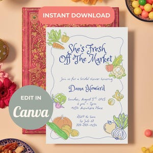 Farmers Market Bridal Shower Invitation: Rustic Veggie Theme (Editable Canva Template)