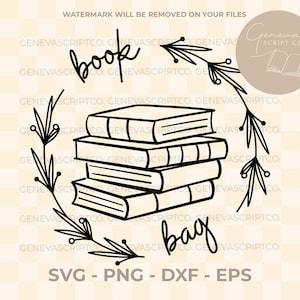 Puede incluir: Gráfico en blanco y negro con una pila de libros, las palabras "book" y "bag" en una fuente decorativa, todo dentro de una corona de hojas. Incluye formatos de archivo SVG, PNG, DXF y EPS.