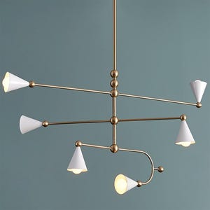Mid-Century Modern Brass Chandelier with White Cone Shades - 6-Light Adjustable Ceiling Light Fixture
