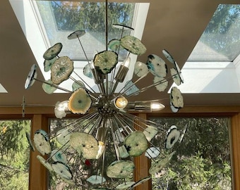1950s Italian Brass Agate Sputnik Chandelier – Green Stone Starburst Lighting
