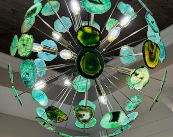 1950's Mid Century Brass Green Agate Stone Polished Sputnik Chandelier Urchin Italian Stilnovo Kalmar Lamp Lights Lighting Starburst Vintage