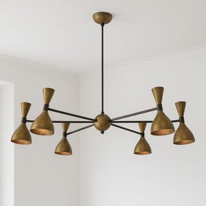 Modern Brass Chandelier-Stilnovo Style Six Arms Curved Disk Shade Branch Sputnik Chandelier Ceiling Lamp- Brass Ceiling Fixture