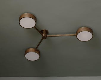 Industrial 3-Light Semi-Flush Mount Ceiling Fixture- Modern Brass Chandelier - Sputnik Light - Italian Brass Chandelier