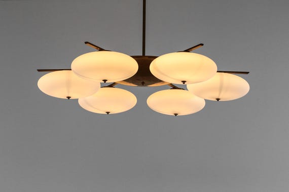 Mid Century Sputnik Chandelier - Italian Opaline Lily Flush Mount