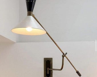1950 Mid Century Matte Black white Antique Brass Wall Scone Articulating Industrial Diabolo Cone Sputnik Italian Stilnovo Handmade lamp