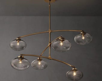 1950&#39;s Mid-Century Modern Brass Chandelier 6 Lights Mobile Round Chandelier-Pendant Light Sputnik Chandelier-Italian Brass Ceiling Fixture