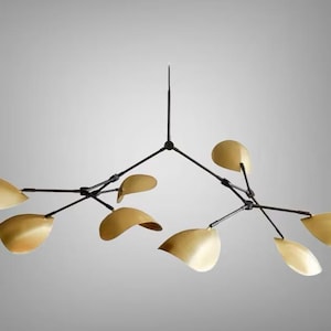 1950&#39;s Mid Century Stilnovo Style 8 Arm Curved Shade Sputnik Chandelier Light Branch Fixture Mid Century Raw Brass Chandelier