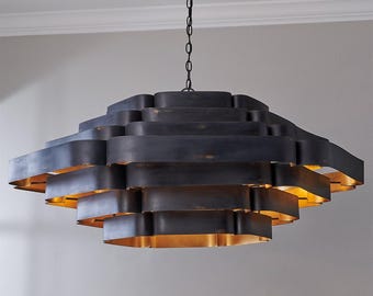 Mid-Century Modern Brass Chandelier Industrial Tiered Brass Chandelier with Distressed Black & Gold Finish - Statement Ceiling Light Fixture
