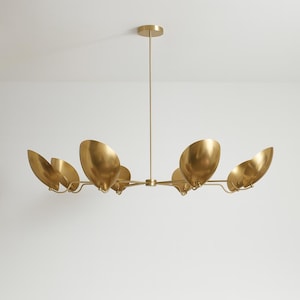 1950&#39;s Mid Century Stilnovo Style 8 Arm Curved Shade Sputnik Chandelier Light Branch Fixture Mid Century Raw Brass Chandelier