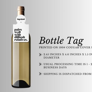 pairs well with difficult relatives - wine bottle tag, funny tag, champagne tag, liquor tag, bottle tag, gift, stationary