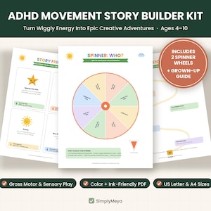May include: ADHD Movement Story Builder Kit with printed activity sheets featuring a colourful spinner wheel, character prompts, and movement instructions. Includes a guide for adults and two spinner wheels for interactive storytelling and play.