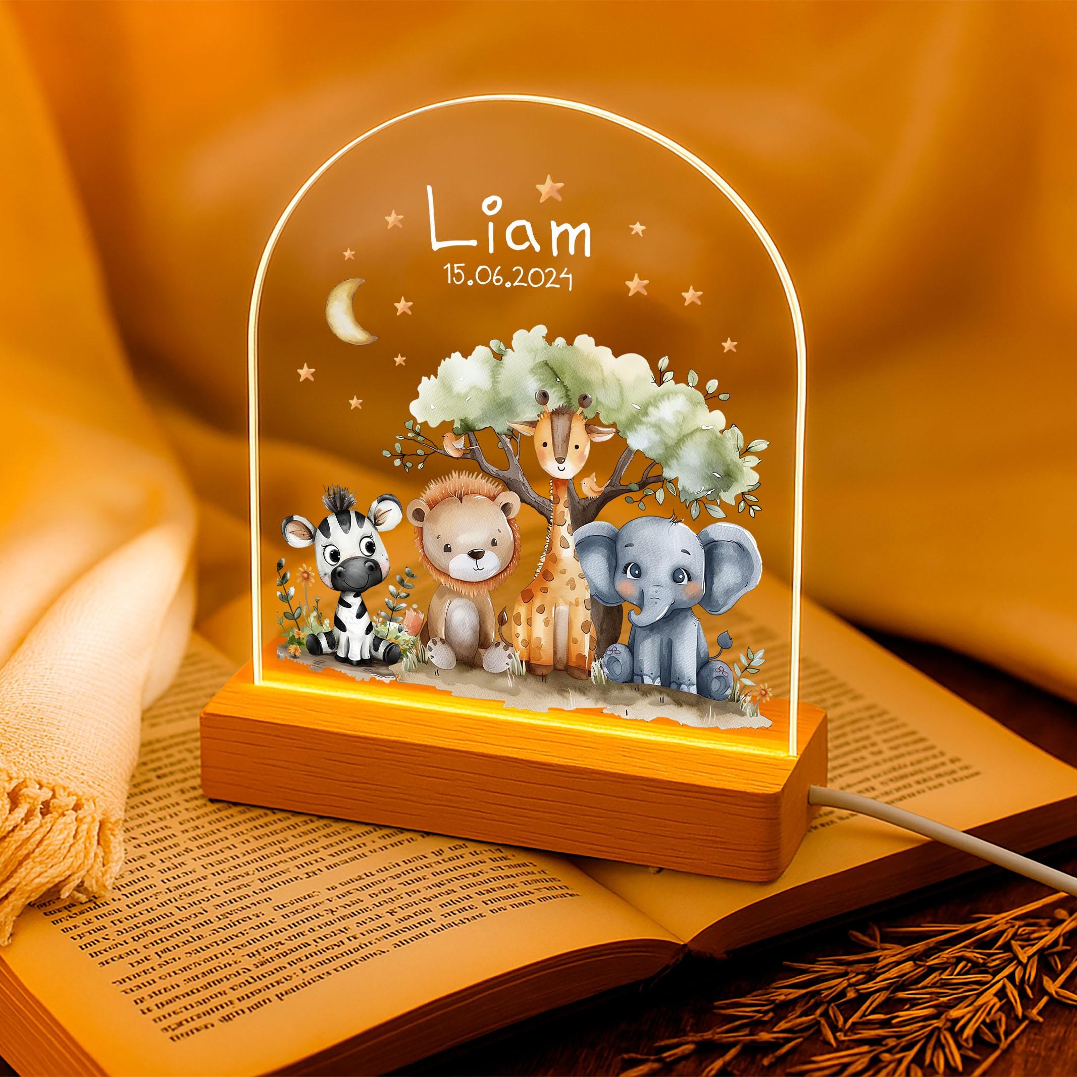 Personalized Animal Night Light with Name Custom Nursery Lamp Giraffe Lion Elephant Baby Shower Gift Birthday Gift for Boys