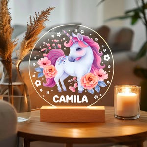 名前入りユニコーンナイトライト - 女の子用パーソナライズランプ、寝室装飾、誕生日プレゼント