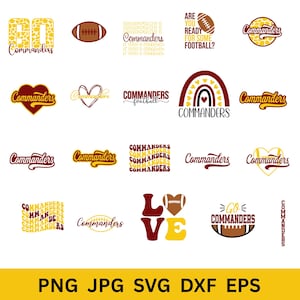 May include: A collection of twenty digital graphic designs featuring the word Commanders in various fonts, colours, and styles, including footballs, hearts, rainbows, and wavy text patterns, with the text PNG JPG SVG DXF EPS at the bottom.