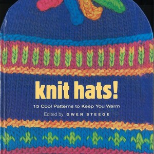 May include: A book cover titled "knit hats!" features a blue knitted hat design with colorful accents. The design includes pink, orange, green, and blue knitted details. The text "15 Cool Patterns to Keep You Warm" is also visible.