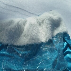 May include: A turquoise blue satin dress with a white faux fur collar. The dress has a sparkly, iridescent finish.