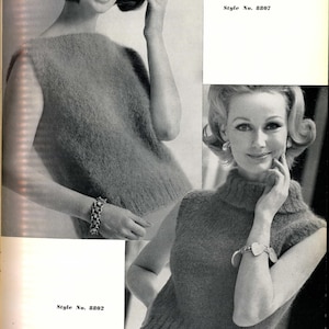 May include: Vintage fashion spread featuring two women modeling knitted sleeveless tops. One top has a crew neck, the other a turtleneck. The image includes the text "Style No. 8802" and "Style No. 8807".