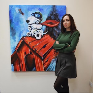 Grande dipinto su tela ispirato a Snoopy – Decorazione da parete moderna in stile pop art – 100 x 120 cm – Arte canina stravagante – Regalo per fan dei cartoni animati o dei Peanuts
