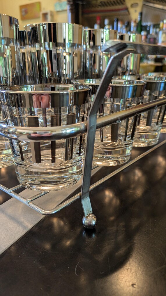 Vintage Silver Striped Glassware & Caddy
