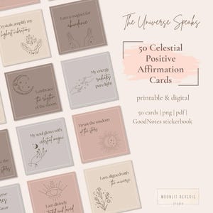 50 Tarjetas de Afirmaciones Celestiales / Pegatinas Digitales Imprimibles / Libro de Pegatinas GoodNotes / Manifestaciones Positivas y Frases Inspiradoras