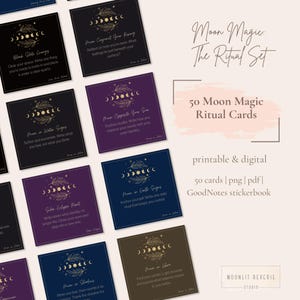50 druckbare & digitale Mondritualkarten, GoodNotes-Stickerbuch, Neumond, Vollmond, Sternzeichen, Sonnenfinsternis, Hexenaltar und Manifestationskarten