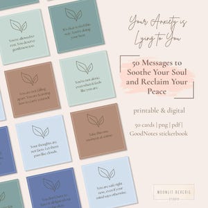50 mensajes que te dicen que tu ansiedad te miente, tarjetas de afirmación imprimibles, citas digitales para aliviar la ansiedad, pegatinas de autocuidado, descarga instantánea