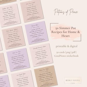 May include: A collection of square cards with recipes for simmer pots, featuring soft pastel colors and handwritten-style text. The cards are arranged around the text "50 Simmer Pot Recipes for Home & Heart". The words "printable & digital" are also visible.
