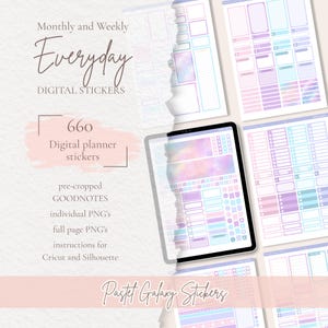 May include: A digital planner sticker set with 660 pastel galaxy themed stickers. The stickers are pre-cropped for Goodnotes and come in individual PNGs and full page PNGs. Instructions for Cricut and Silhouette are included.