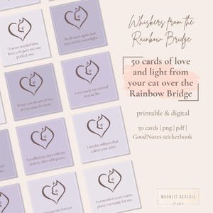 50 Botschaften von der Regenbogenbrücke für Katzenliebhaber, druckbare Karten, Haustierverlust, GoodNotes-Stickerbuch, Heilungszitate, Trauer, Katzengedenkmal