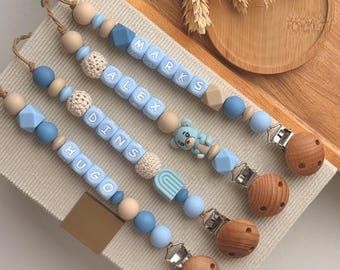 Clip de chupete de silicona azul con diseño de madera personalizado, soporte para chupete de bebé con nombre personalizado