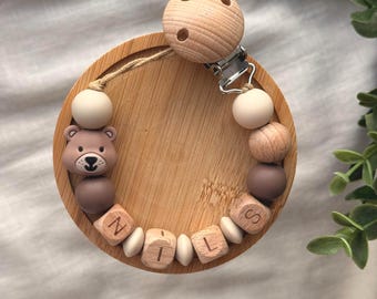 Clip para chupete personalizado / Portanombres para bebé / Cadena para chupete de madera con forma de oso / Regalo para recién nacido